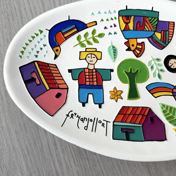 Fernando Llort Signed Art Ceramic Decor Plate Wall Deco Egyptian Bird 12" x 7" - Picture 2 of 7